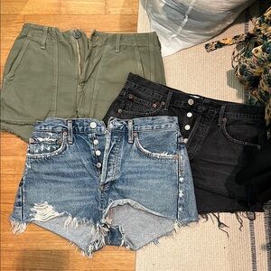 Blue and Black Jean Shorts with Distressed Frayed Hem